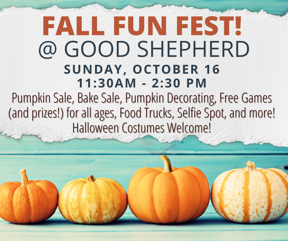 Image advertising Fall Festival.  Notes pumpkin sales, bake sale, pumpkin decorating, free games and prizes, food trucks, selfie spot and more!